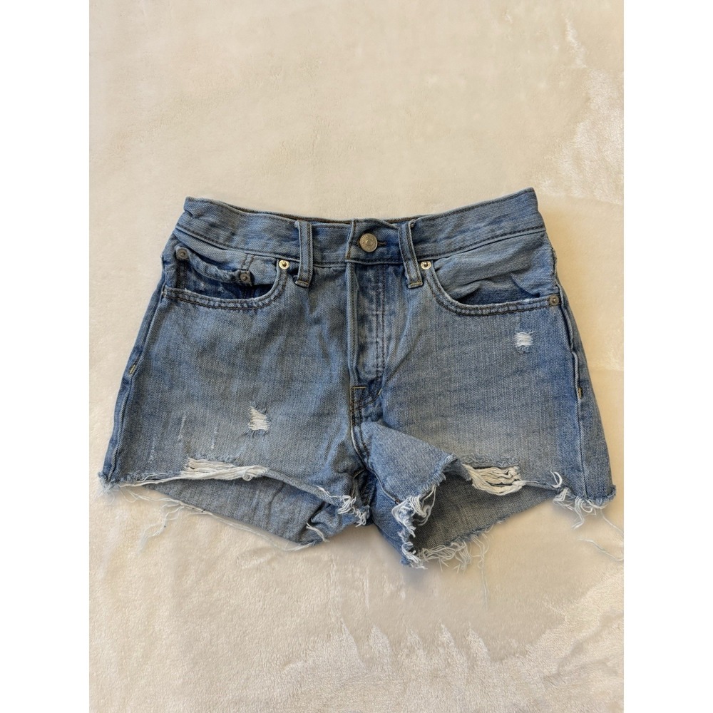 Free People We The Free Blue Distressed Denim Shorts Mid Rise Button Fly Size 25